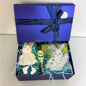 Pachet Ninos pentru copii, figurina decorativa pentru masa de Paste, ceas de mana, set de colorat cu iepurasi, in cutie eleganta, Albastru