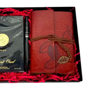 Pachet Opulent pentru barbati, cu jurnal vintage, pix, parfum arabesc Lattafa Opulent Oud 100 ml, in cutie cadou