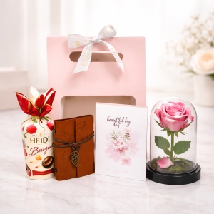 Pachet Rose, praline Heidi 120 gr, jurnal vintage, felicitare, trandafir in cupola de plastic, in cutie in forma de gentuta, Fucsia-Alb