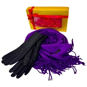 Pachet Secret, pentru femei, cu esarfa lunga Belladona si manusi elegante, asortate, in cutie cu fereastra, Mov - Img 2