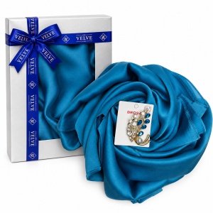 Pachet Silky pentru femei cu esarfa eleganta si brosa, 170 x 90 cm, Turcoaz