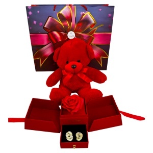 Pachet Special Valentine cu ursulet de plus, cutie cu sertar, trandafir de sapun și cercei cu zirconiu - Img 6
