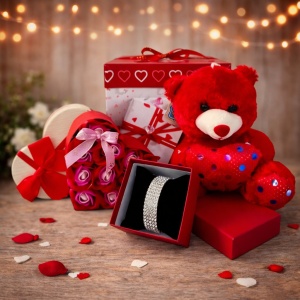 Pachet Special Valentine, cu ursulet plus 20 cm, bratara eleganta, cutie inima cu 10 trandafiri din sapun, ambalate in cutie cadou