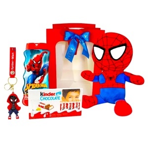 Pachet Spiderman, cu jucarie de plus 30 cm, breloc, Kinder Chocolate si gel de dus, in punga cadou
