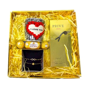 Pachet Spring, cana din ceramica 250 ml, praline Ferrero Rocher 50gr, set 2 bratari, parfum arabesc Prive Oros Riiffs unisex 100 ml, ambalate in cutie cadou