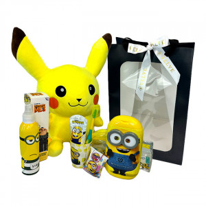 Pachet The Joy pentru copii, jucarie de plus Pikachu, 2in1 Sampon si Gel de dus Minions, set pasta de dinti, periuta si pahar, parfum Minions si biluta spumanta de baie, in punga cadou - Img 4