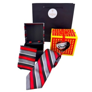 Pachet Twist Elegance pentru unchi, cana personalizata si cutie 3 piese cu cravata, batista si butoni, Rosu-Gri - Img 3