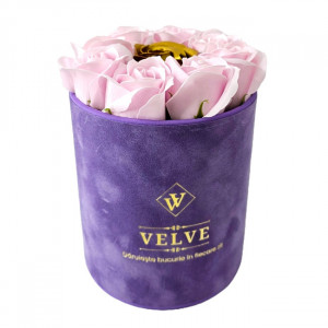 Pachet Velvet, cu 9 trandafiri de sapun, in cutie mov de catifea, Roz/Auriu, cutie bijuterii si suport bijuterii in forma de silueta - Img 5