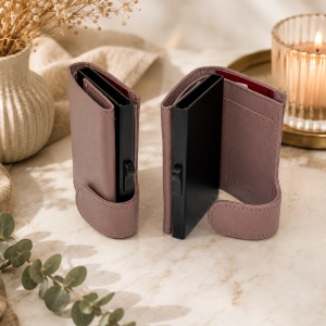 Portcard unisex Hassion din piele naturala, sistem pentru carduri si inchidere cu capsa, Cappuccino