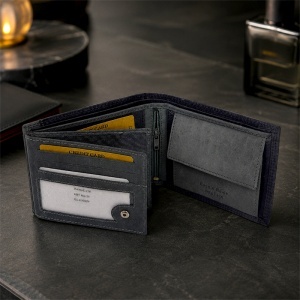 Portofel premium pentru barbati Regalo Reale, din piele naturala, design bifold, Gri, 12x10 cm - Img 4