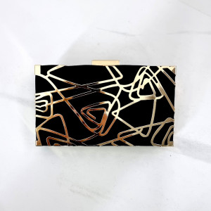 Poseta eleganta tip plic Melba, cu design abstract, inchidere superioara si lant detasabil, Negru/Auriu2