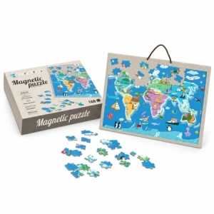 Puzzle magnetic educativ Harta Lumii, 168 piese, animale si obiective turistice, cu snur, 3+ ani - Img 2