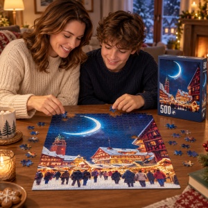Puzzle Winter Night Street, 500 piese, peisaj de iarna cu oras luminat, multicolor - Img 3