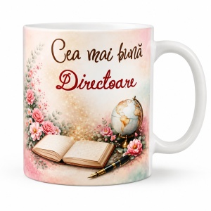 Set „Cea mai buna Directoare” cu cana personalizata, minibuchet cu ursulet, praline Raffaello si ambalaj elegant - Img 3