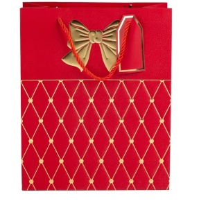 Set 10 pungi pentru cadou, cu maner rezistent, rosu cu funda aurie, 12x7x15 cm
