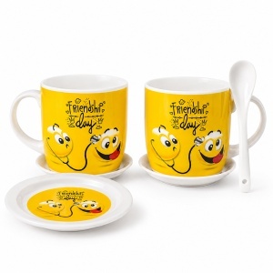 Set 2 cani din ceramica pentru prieteni imprimate My Best Friend cu farfurioare si lingurite, in cutie stilizata