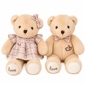 Set 2 ursuleti de plus premium, cuplu „Sweet Love”, 35 cm, bej cu carouri roz