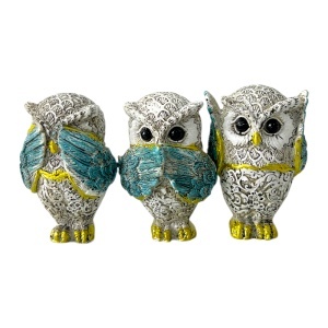 Set 3 figurine decorative, Bufnitele "Nu vad, Nu aud, Nu vorbesc", Albastru, 5x7cm - Img 2