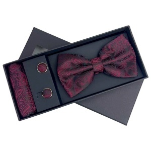Set 3 piese Elegant pentru barbati, cu papion, butoni si batista din stofa, Burgundy