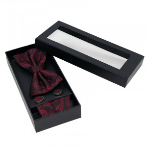Set 3 piese Mistery, pentru barbati, papion, buton si batista din stofa, rosu-negru, M0