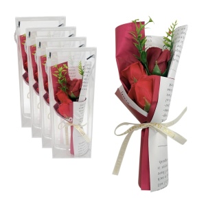 Set 5 buchetele cu trandafir rosu de sapun in cutie de acetofan cu verdeata si celofan ziar cu fundita textila - Img 2