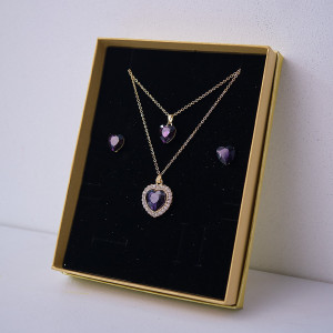 Set accesorii Danser a Deux, din inox, cu cercei, pandativ cu pietre si sirag cu doua lanturi, in cutie eleganta, Gold Heart Mov 2