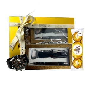 Set barbati premium, ceas Ulysees, Ferrero Rocher, pix elegant și desfacator de vin - Img 3
