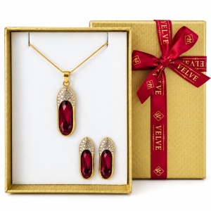 Set bijuterii dama Feeling, colier cu pandantiv si cercei cu pietre bordo, in cutie cadou, Auriu