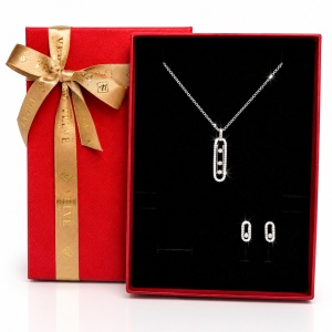 Set bijuterii Elvira, colier cu pandantiv geometric si cercei cu cristale transparente, in cutie cadou, Argintiu