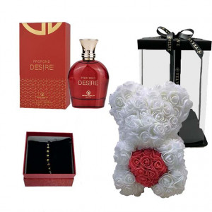 Set cadou femei, Ursulet floral alb cu inima rosie, Parfum Grandeur Elite Profond Desire 100ml si bratara zirconiu in cutie