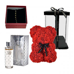 Set cadou femei, Ursulet floral din spuma, Parfum Grandeur Elite, Atwood 100 ml si bratara zirconiu in cutie