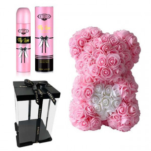 Set cadou femei, Ursulet floral roz cu inima alba din spuma 25 cm si Parfum Cuba, My Love, Femei 100ml