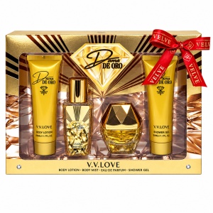 Set cadou femei V.V.LOVE Dama de Oro, apa de parfum, body mist, gel de dus si lotiune de corp