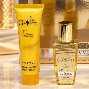 Set cadou femei V.V.LOVE Golden, apa de parfum 30 ml, body mist, gel de dus si lotiune de corp - Img 4
