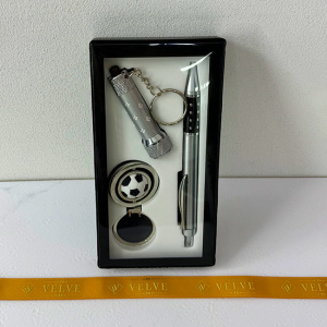Set cadou pentru barbati, 3 piese, laser,  pix si breloc metalic, Argintiu