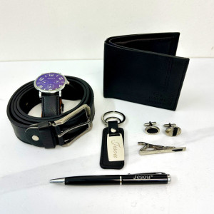 Set cadou pentru barbati JESOU COLLECTION, cutie cu doua sertare, ceas, portofel, set butoni cu ac pentru cravata, pix, breloc si curea din piele 16x16 cm, Negru