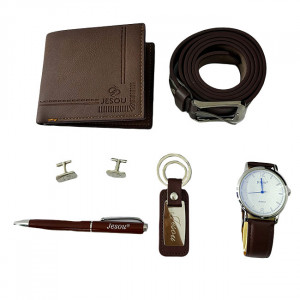 Set cadou pentru barbati JESOU COLLECTION, cutie cu doua sertare, ceas, portofel, set butoni cu ac pentru cravata, pix, breloc si curea din piele 16x16 cm, Maro2