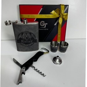 Set cadou pentru barbati Ruler cu plosca, 2 pahare, palnie si tirbuson, in cutie eleganta - Img 4