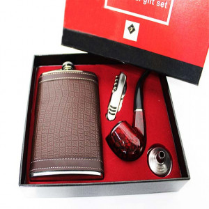 Set cadou pentru barbati VLV, 4 piese, plosca, pipa, palnie si briceag, maro3