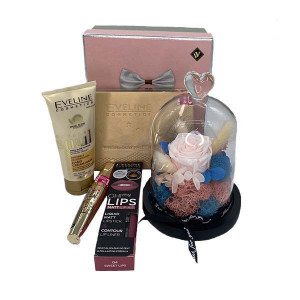 Set cadou pentru femei, trandafir criogenat, crema de zi, big volume mascara, kit de buze, paleta de machias si o cutiuta cadou din gama Prestige 24 k Eveline Cosmetics