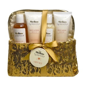Set cadou spa pentru femei Mellow Splendor cu gel de dus, body lotion, sare de baie, body scrub si borseta cosmetica