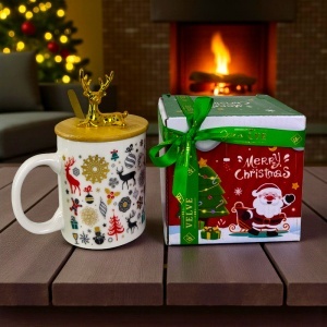 Set cana ceramica cu capac si lingurita, Ren Auriu, ambalata in cutie cadou, 250 ml - Img 2