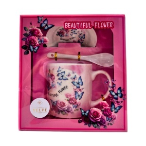 Set cana ceramica, farfurie si lingurita, Beautiful Flower, ambalata in punga cu fereastra, 200ml - Img 2