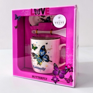 Set cana ceramica, farfurie si lingurita, Butterfly, ambalata in punga cu fereastra, 200ml - Img 3