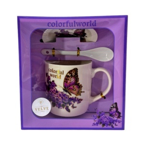 Set cana ceramica, farfurie si lingurita, Colorful World, ambalata in cutie cu fereastra, 200ml - Img 4