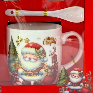 Set cana ceramica, farfurie si lingurita, Merry Christmas Santa, ambalata in cutie cu fereastra, 200ml - Img 4