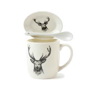 Set cana din ceramica 300 ml cu lingurita si farfurie, model cerb, ambalat in cutie eleganta - Img 4