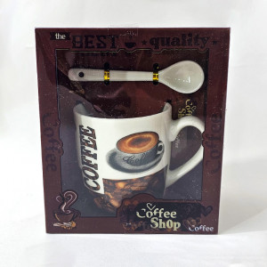Set cana din ceramica pentru cafea, Twilight, 200 ml, cu lingurita si cutie eleganta, Coffee Shop, Maro