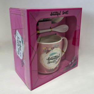 Set cana din ceramica pentru ceai, Energy Mug, 300ml, cu lingurita si farfurie din ceramica, imprimata floral, in cutie eleganta, Beautiful Smile1