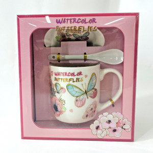 Set cana din ceramica pentru ceai, Energy Mug, 300ml, cu lingurita si farfurie asortata, imprimata floral, in cutie eleganta, WaterColor Butterflies Blue